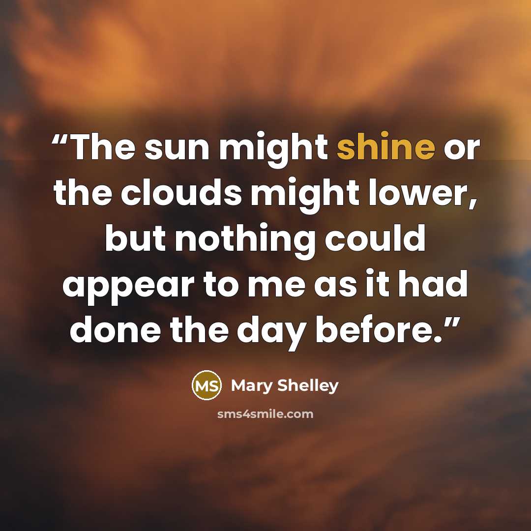 “The sun might shine or the clouds might lower, but nothing could appear to me as it had done the day before.” quote by Mary Shelley