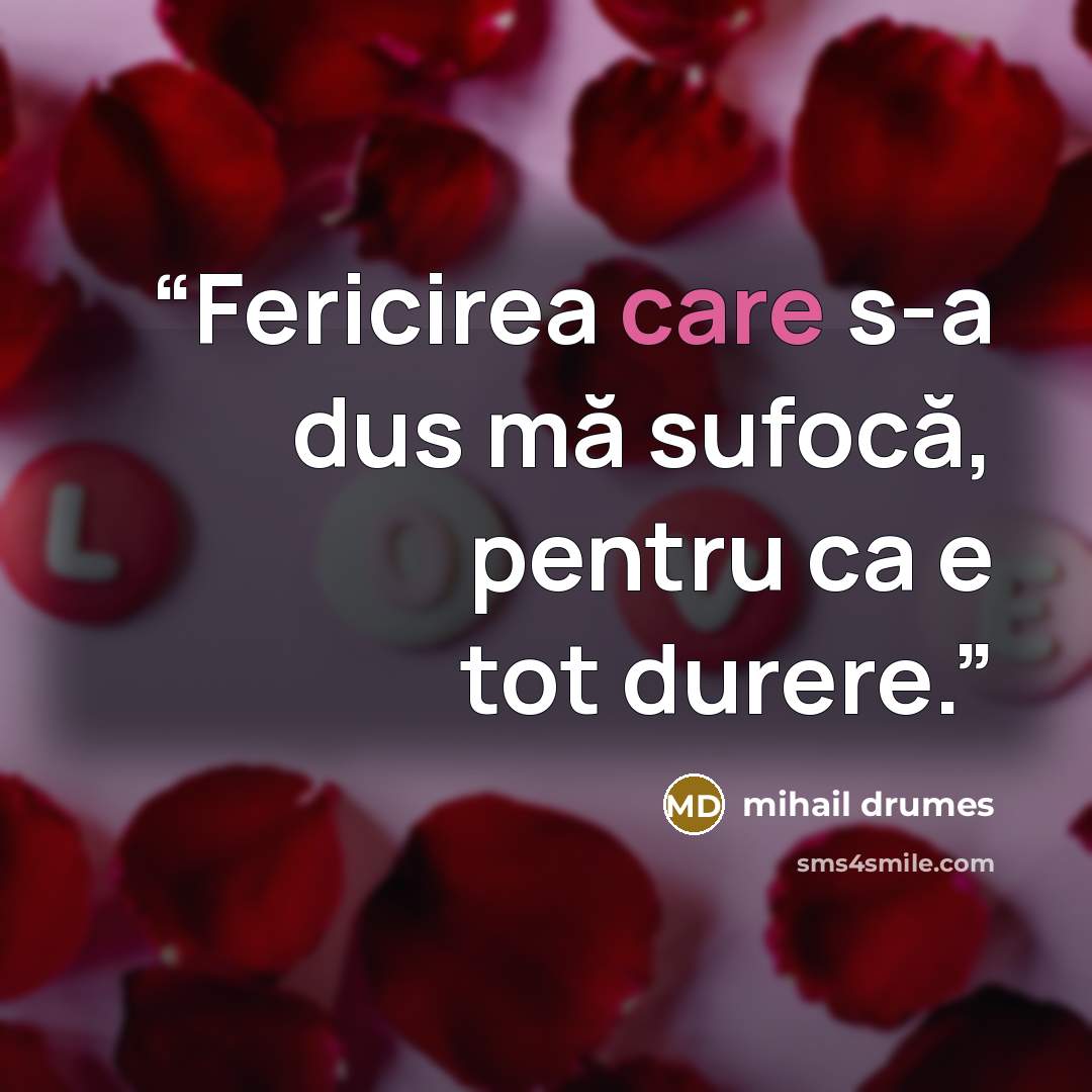 “Fericirea care s-a dus mă sufocă, pentru ca e tot durere.” quote by Mihail Drumeş