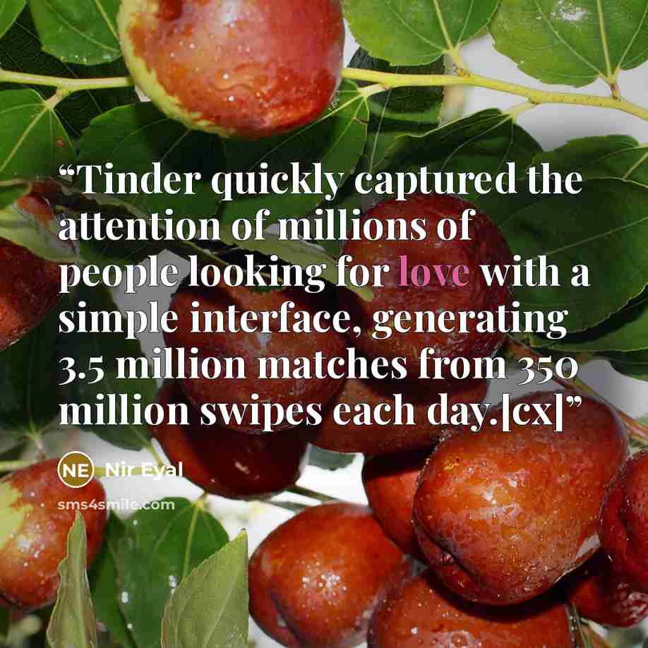 “Tinder quickly captured the attention of millions of people looking for love with a simple interface, generating 3.5 million matches from 350 million swipes each day.[cx]” quote by Nir Eyal