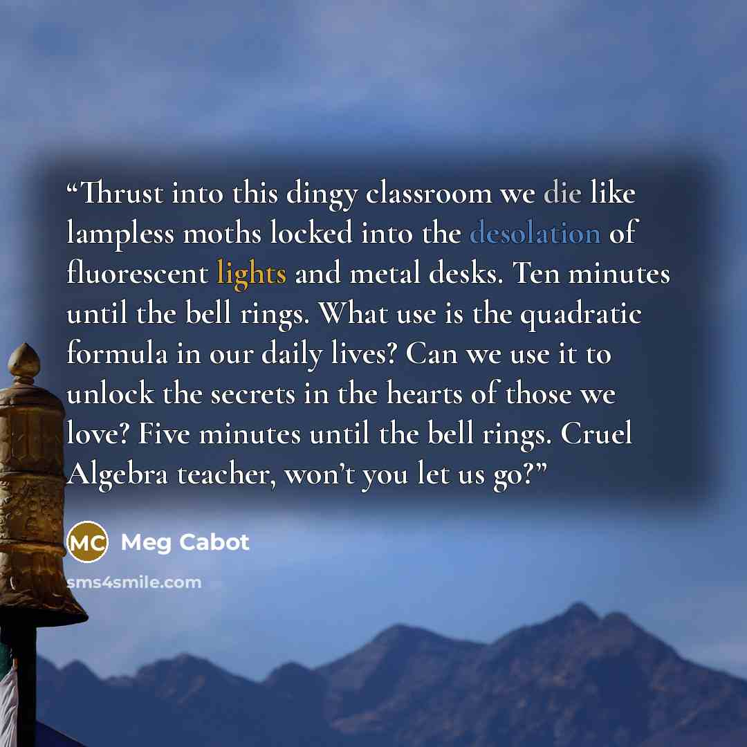 “Thrust into this dingy classroom we die like lampless moths locked into the desolation of fluorescent lights and metal desks. Ten minutes until the bell rings. What use is the quadratic formula in our daily lives? Can we use it to unlock the secrets in the hearts of those we love? Five minutes…” quote by Meg Cabot