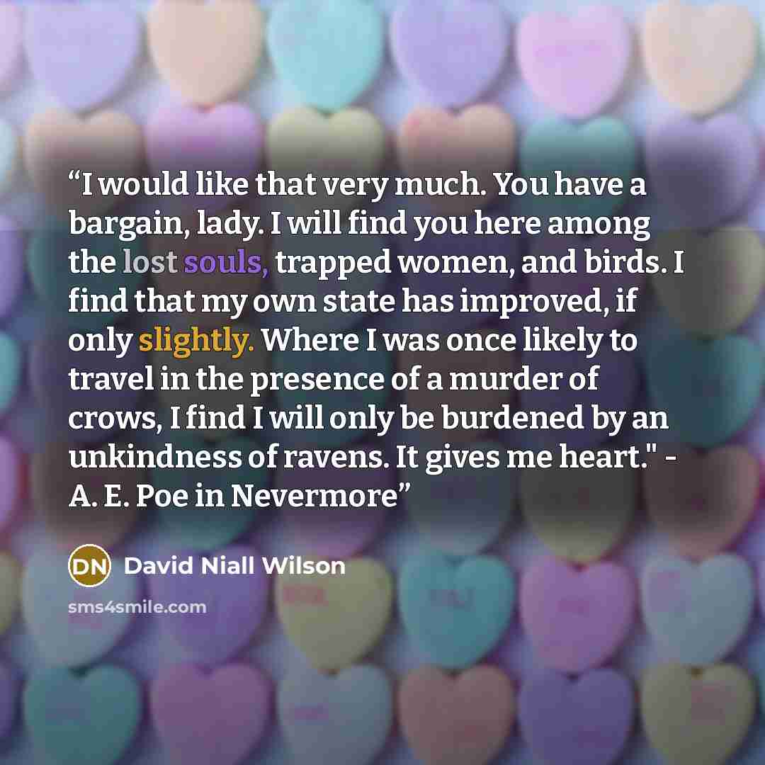 “I would like that very much. You have a bargain, lady. I will find you here among the lost souls, trapped women, and birds. I find that my own state has improved, if only slightly. Where I was once likely to travel in the presence of a murder of crows, I find I will only be burdened by an…” quote by David Niall Wilson