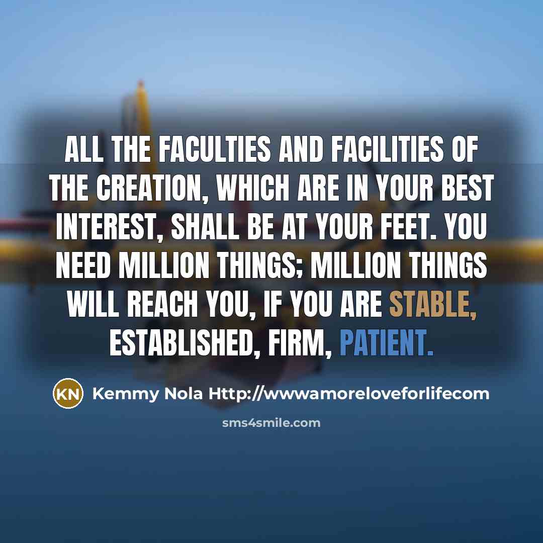 “All the faculties and facilities of the Creation, which are in your best interest, shall be at your feet. You need million things; million things will reach you, if you are stable, established, firm, patient.” quote by Kemmy Nola Http://wwwamoreloveforlifecom