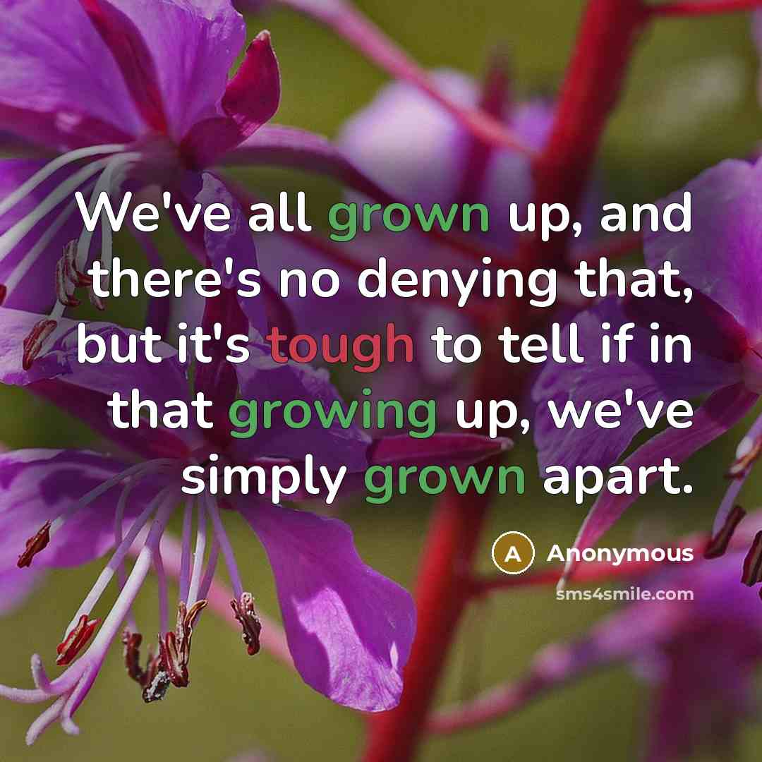 “We've all grown up, and there's no denying that, but it's tough to tell if in that growing up, we've simply grown apart.” quote by Anonymous
