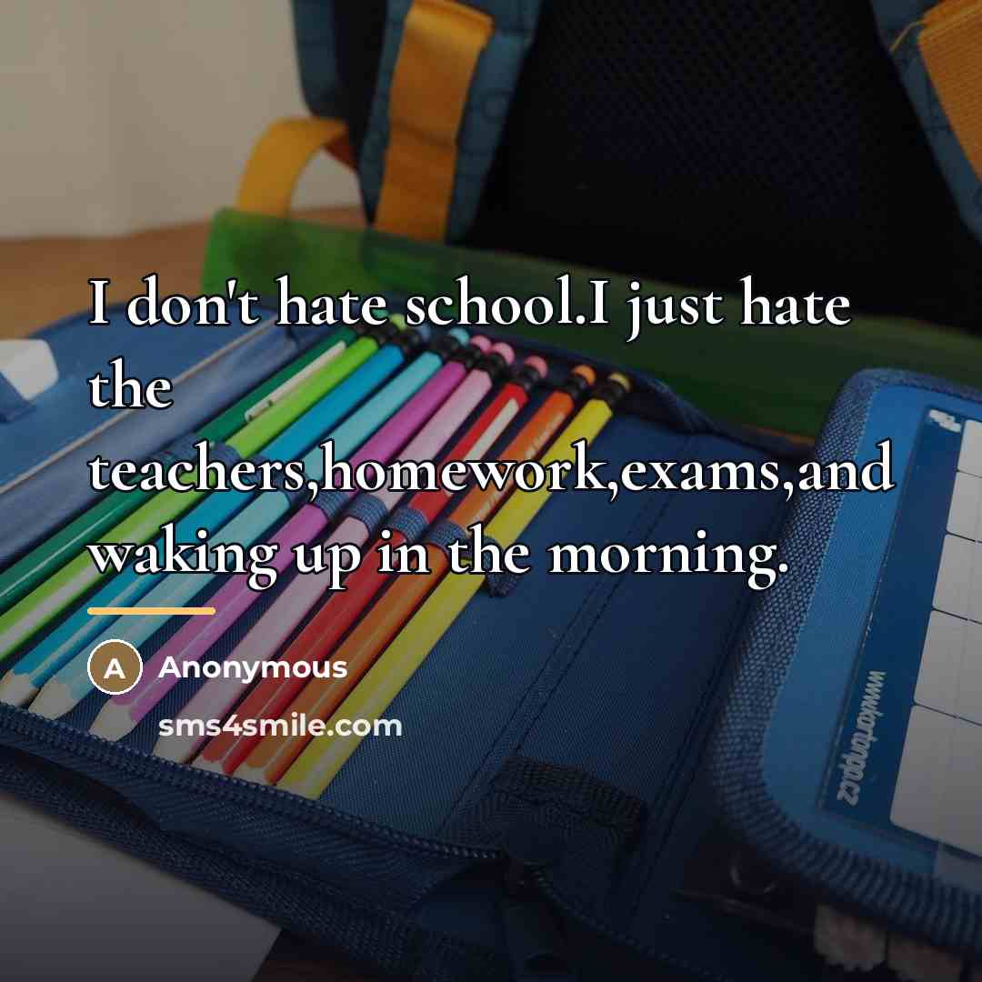 “I don't hate school.I just hate the teachers,homework,exams,and waking up…” quote by Anonymous