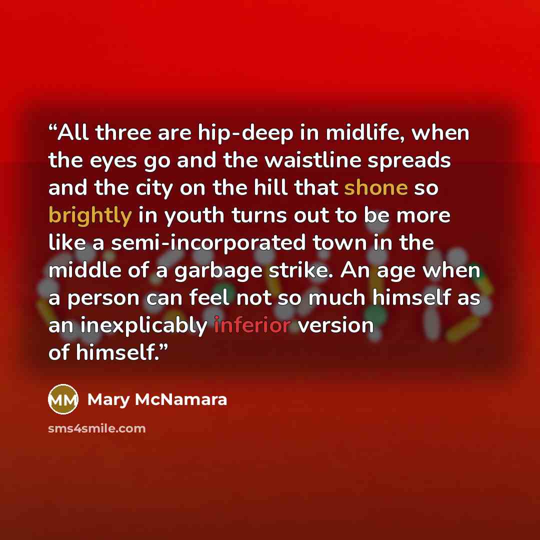 “All three are hip-deep in midlife, when the eyes go and the waistline spreads and the city on the hill that shone so brightly in youth turns out to be more like a semi-incorporated town in the middle of a garbage strike. An age when a person can feel not so much himself as an inexplicably inferior…” quote by Mary McNamara
