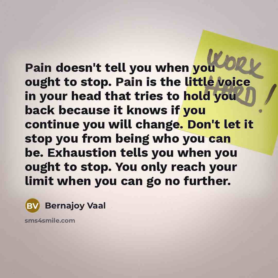 “Pain doesn't tell you when you ought to stop. Pain…” quote by Bernajoy Vaal