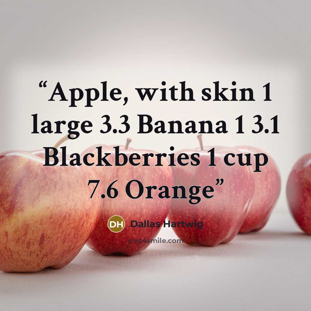 “Apple, with skin 1 large 3.3 Banana 1 3.1 Blackberries 1 cup 7.6 Orange” quote by Dallas Hartwig