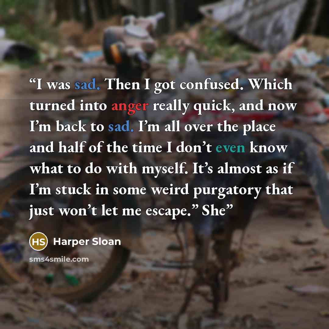 “I was sad. Then I got confused. Which turned into anger really quick, and now I’m back to sad. I’m all over the place and half of the time I don’t even know what to do with myself. It’s almost as if I’m stuck in some weird purgatory that just won’t let me escape.” She” quote by Harper Sloan