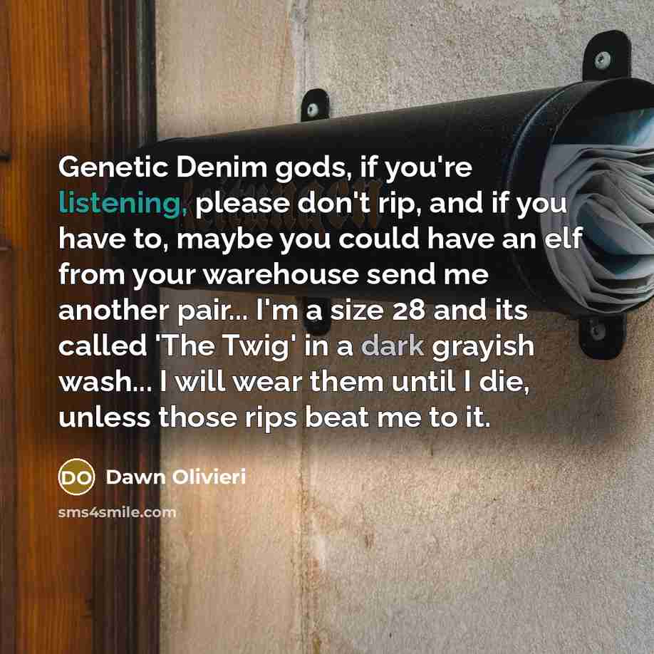 “Genetic Denim gods, if you're listening, please don't rip, and…” quote by Dawn Olivieri