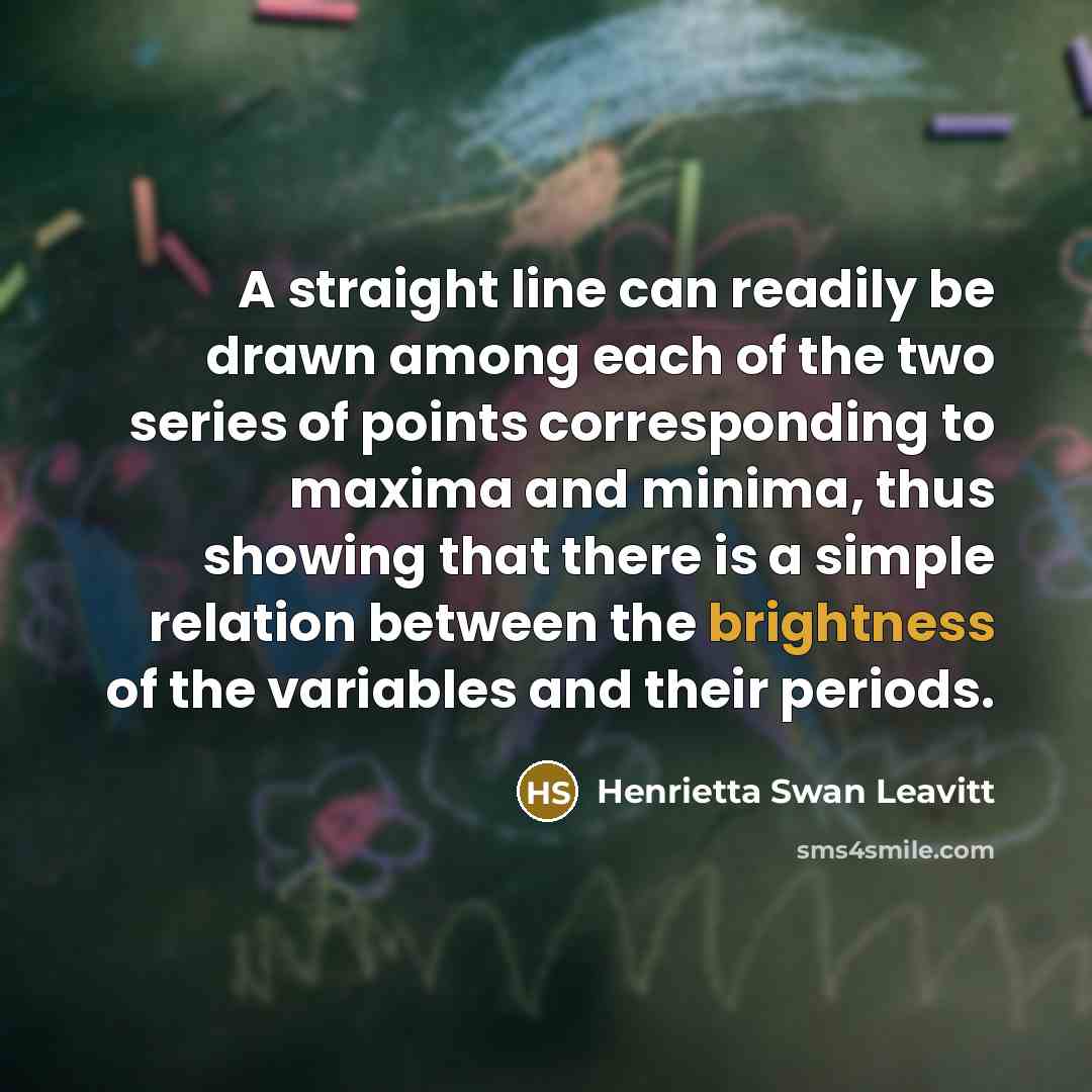 “A straight line can readily be drawn among each of the two series of points corresponding to maxima and minima, thus showing that there is a simple relation between the brightness of the variables and their periods.” quote by Henrietta Swan Leavitt
