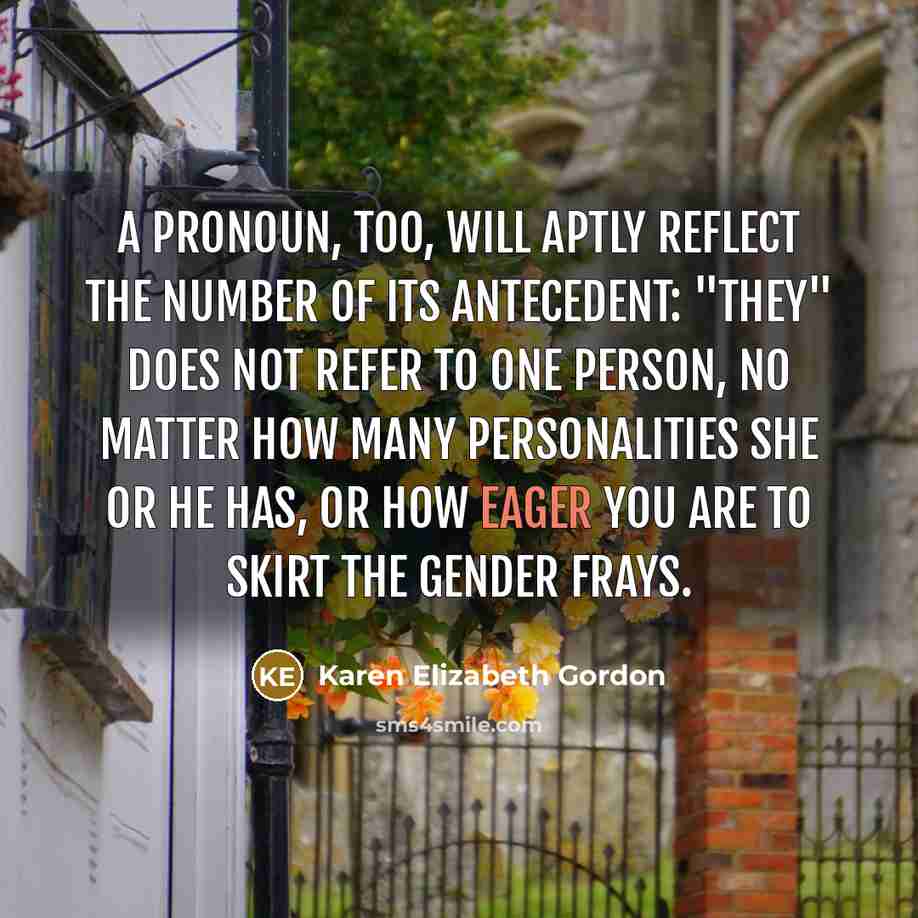 “A pronoun, too, will aptly reflect the number of its…” quote by Karen Elizabeth Gordon