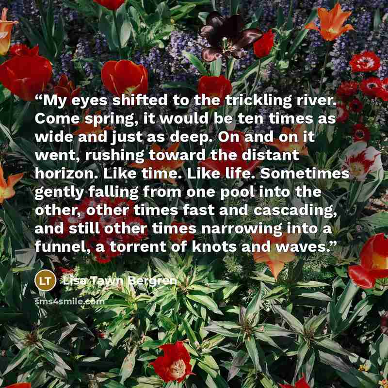 “My eyes shifted to the trickling river. Come spring, it would be ten times as wide and just as deep. On and on it went, rushing toward the distant horizon. Like time. Like life. Sometimes gently falling from one pool into the other, other times fast and cascading, and still other times narrowing…” quote by Lisa Tawn Bergren