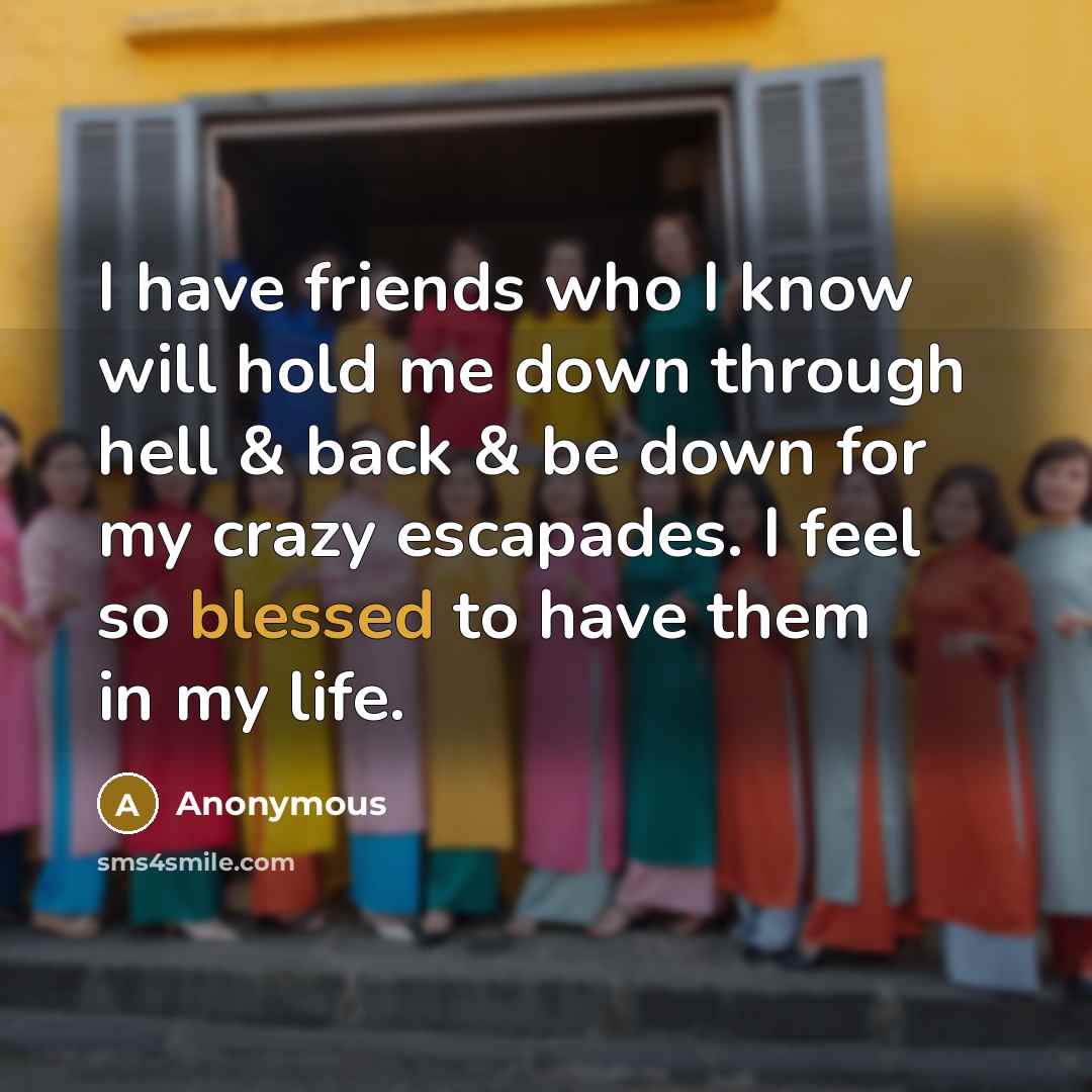 “I have friends who I know will hold me down through hell & back & be down for my crazy escapades. I feel so blessed to have them in my life.” quote by Anonymous