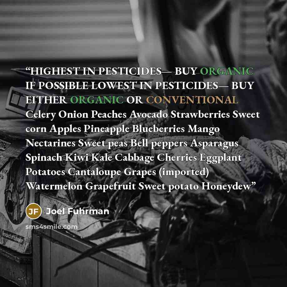 “HIGHEST IN PESTICIDES— BUY ORGANIC IF POSSIBLE LOWEST IN PESTICIDES— BUY EITHER ORGANIC OR CONVENTIONAL Celery Onion Peaches Avocado Strawberries Sweet corn Apples Pineapple Blueberries Mango Nectarines Sweet peas Bell peppers Asparagus Spinach Kiwi Kale Cabbage Cherries Eggplant Potatoes…” quote by Joel Fuhrman