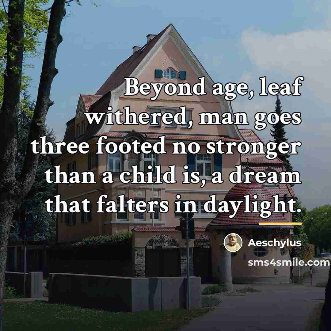 “Beyond age, leaf withered, man goes three footed no stronger…” quote by Aeschylus