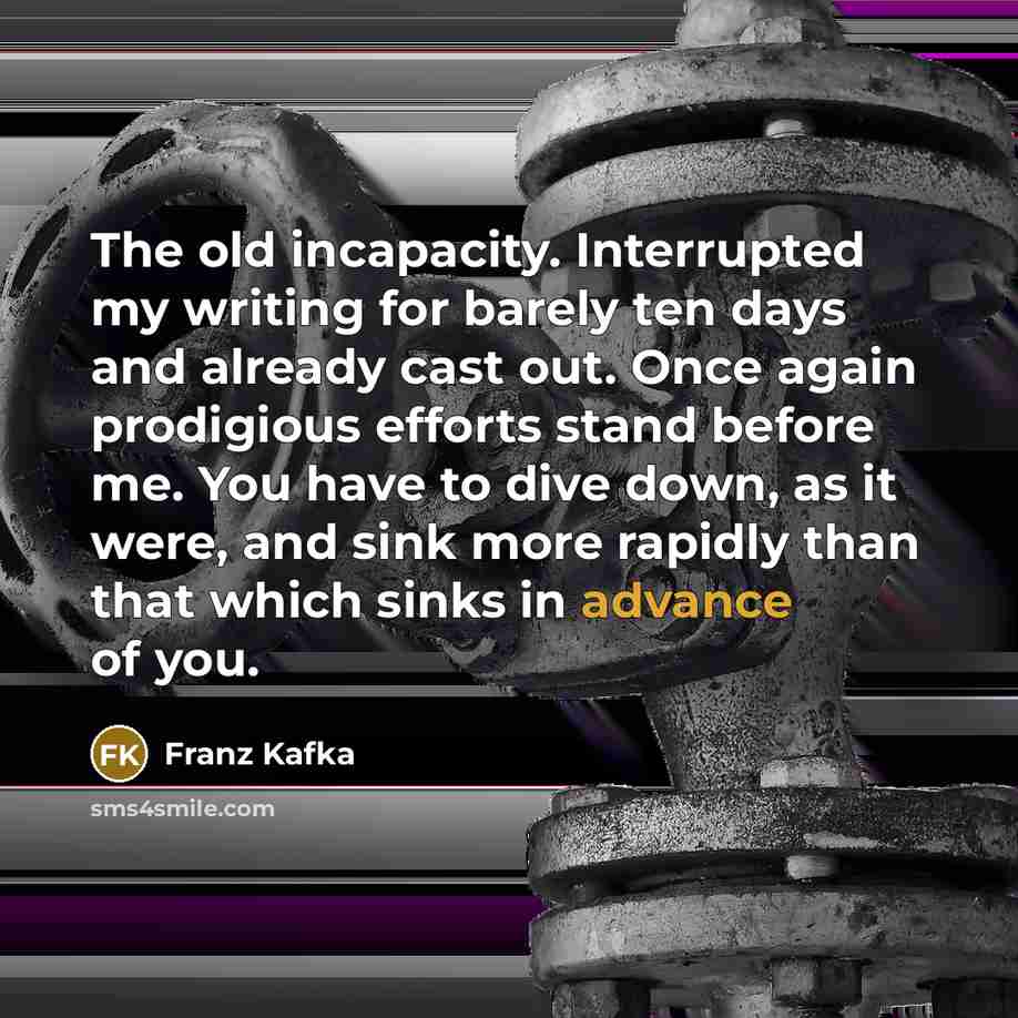 “The old incapacity. Interrupted my writing for barely ten days…” quote by Franz Kafka
