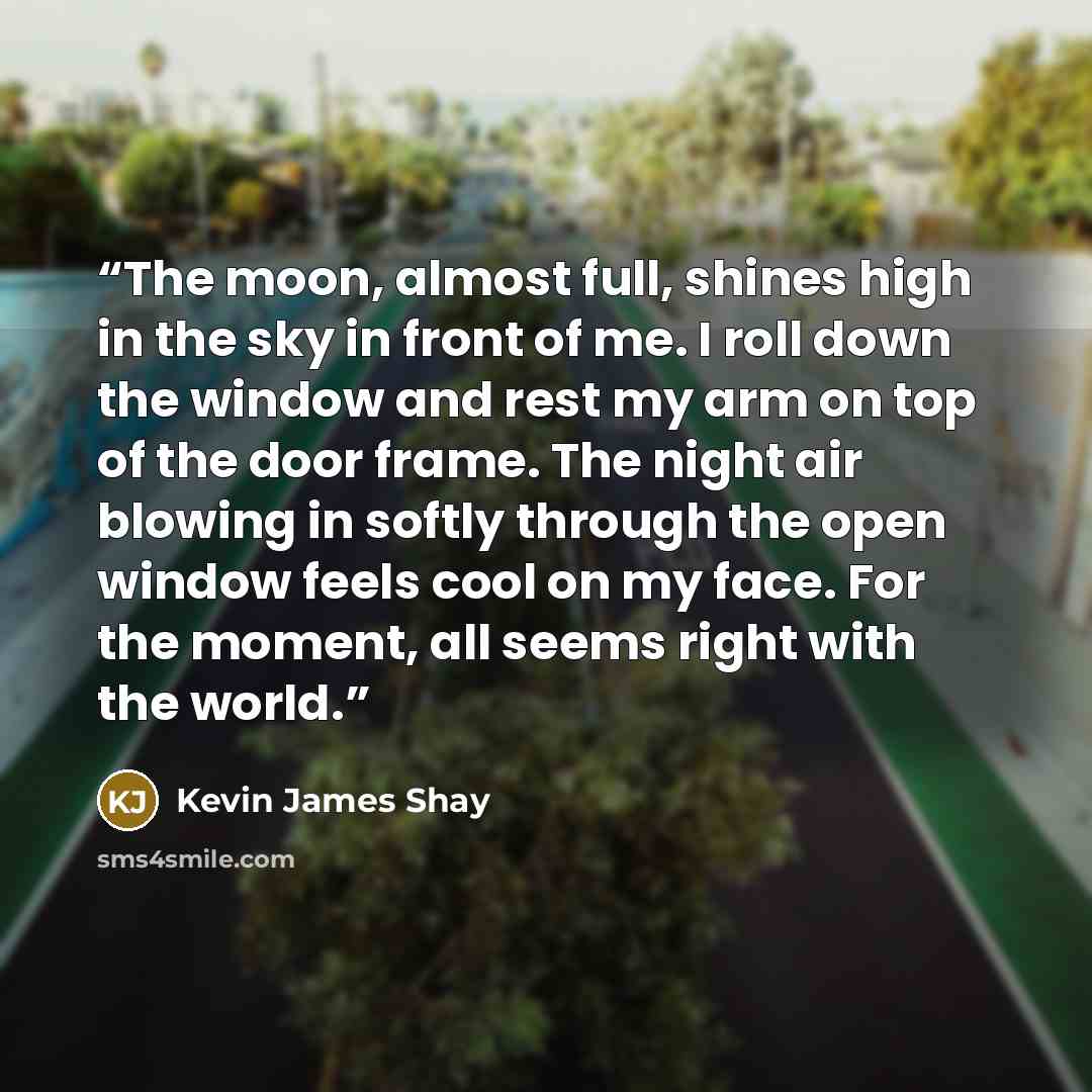 “The moon, almost full, shines high in the sky in front of me. I roll down the window and rest my arm on top of the door frame. The night air blowing in softly through the open window feels cool on my face. For the moment, all seems right with the world.” quote by Kevin James Shay