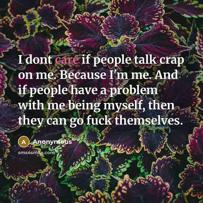 “I dont care if people talk crap on me. Because I'm me. And if people have a problem with me being myself, then they can go fuck themselves.” quote by Anonymous