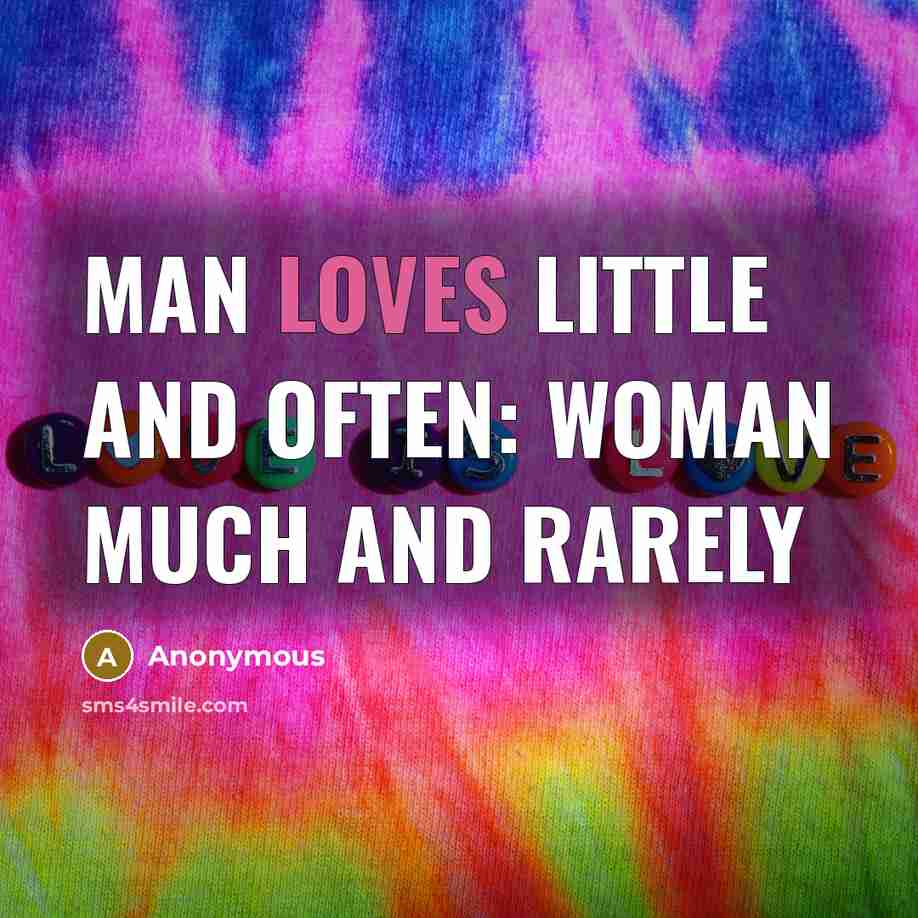 “Man loves little and often: Woman much and rarely” quote by Anonymous
