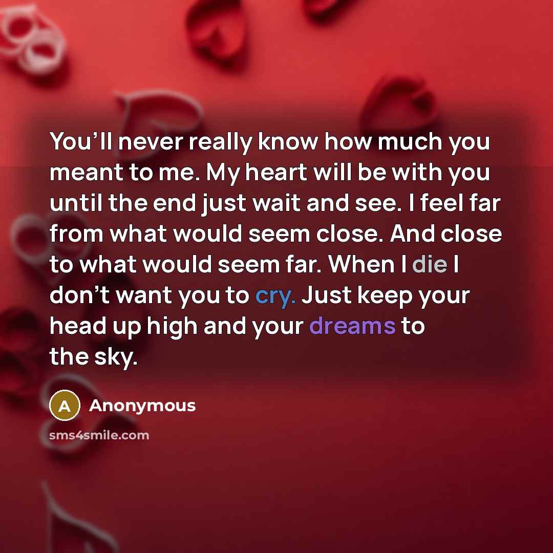 “You’ll never really know how much you meant to me. My heart will be with you until the end just wait and see. I feel far from what would seem close. And close to what would seem far. When I die I don’t want you to cry. Just keep your head up high and your dreams to the sky.” quote by Anonymous