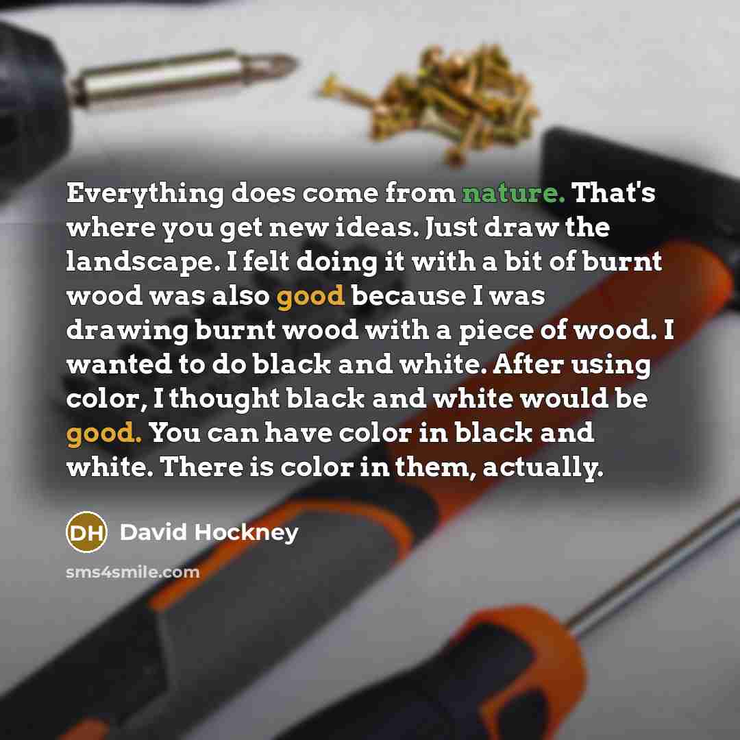 “Everything does come from nature. That's where you get new ideas. Just draw the landscape. I felt doing it with a bit of burnt wood was also good because I was drawing burnt wood with a piece of wood. I wanted to do black and white. After using color, I thought black and white would be good. You…” quote by David Hockney