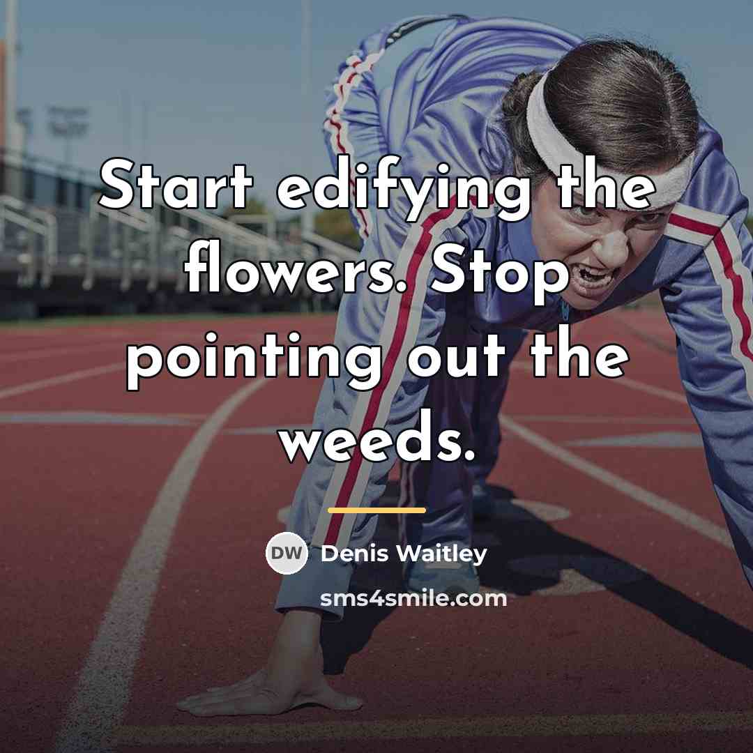 “Start edifying the flowers. Stop pointing out the weeds.…” quote by Denis Waitley
