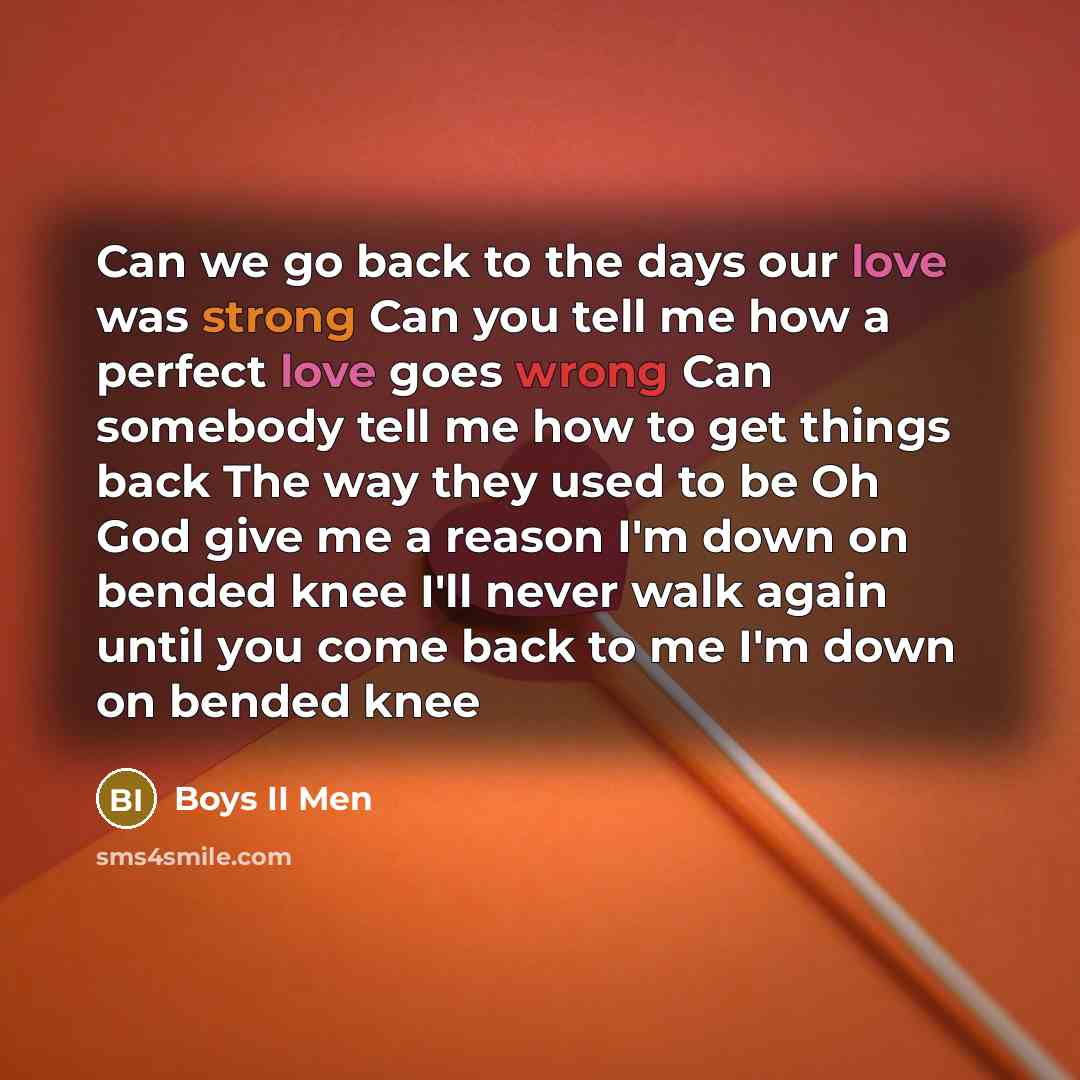“Can we go back to the days our love was strong Can you tell me how a perfect love goes wrong Can somebody tell me how to get things back The way they used to be Oh God give me a reason I'm down on bended knee I'll never walk again until you come back to me I'm down on bended knee” quote by Boys II Men