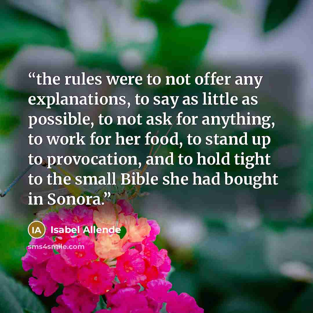 “the rules were to not offer any explanations, to say as little as possible, to not ask for anything, to work for her food, to stand up to provocation, and to hold tight to the small Bible she had bought in Sonora.” quote by Isabel Allende