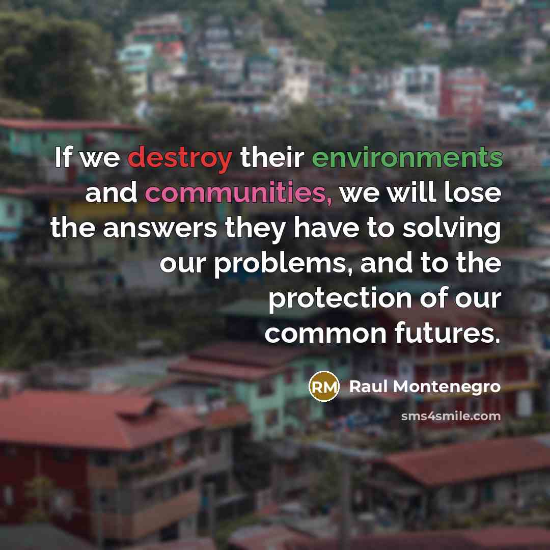 “If we destroy their environments and communities, we will lose the answers they have to solving our problems, and to the protection of our common futures.” quote by Raul Montenegro