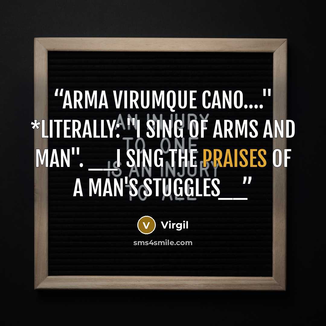 “Arma virumque cano…." *Literally: "I sing of arms and man". __I sing the praises of a man's stuggles__” quote by Virgil
