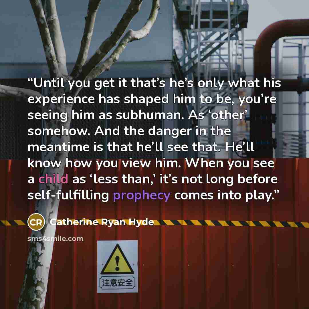 “Until you get it that’s he’s only what his experience has shaped him to be, you’re seeing him as subhuman. As ‘other’ somehow. And the danger in the meantime is that he’ll see that. He’ll know how you view him. When you see a child as ‘less than,’ it’s not long before self-fulfilling prophecy…” quote by Catherine Ryan Hyde