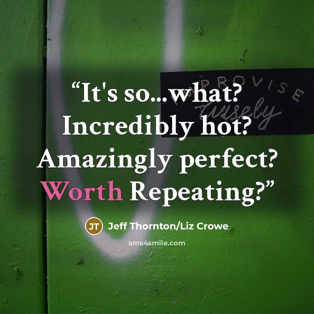 “It's so...what? Incredibly hot? Amazingly perfect? Worth Repeating?” quote by Jeff Thornton/Liz Crowe