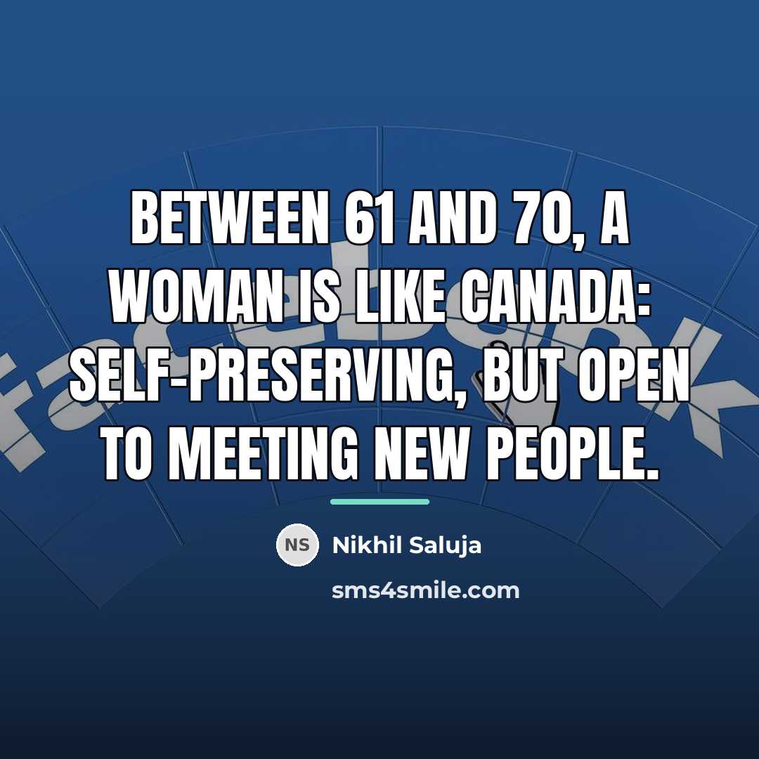 “Between 61 and 70, a woman is like Canada: Self-preserving,…” quote by Nikhil Saluja
