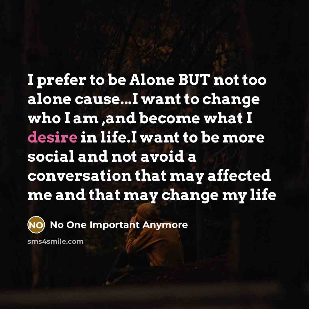 “I prefer to be Alone BUT not too alone cause...I want to change who I am ,and become what I desire in life.I want to be more social and not avoid a conversation that may affected me and that may change my life” quote by No One Important Anymore