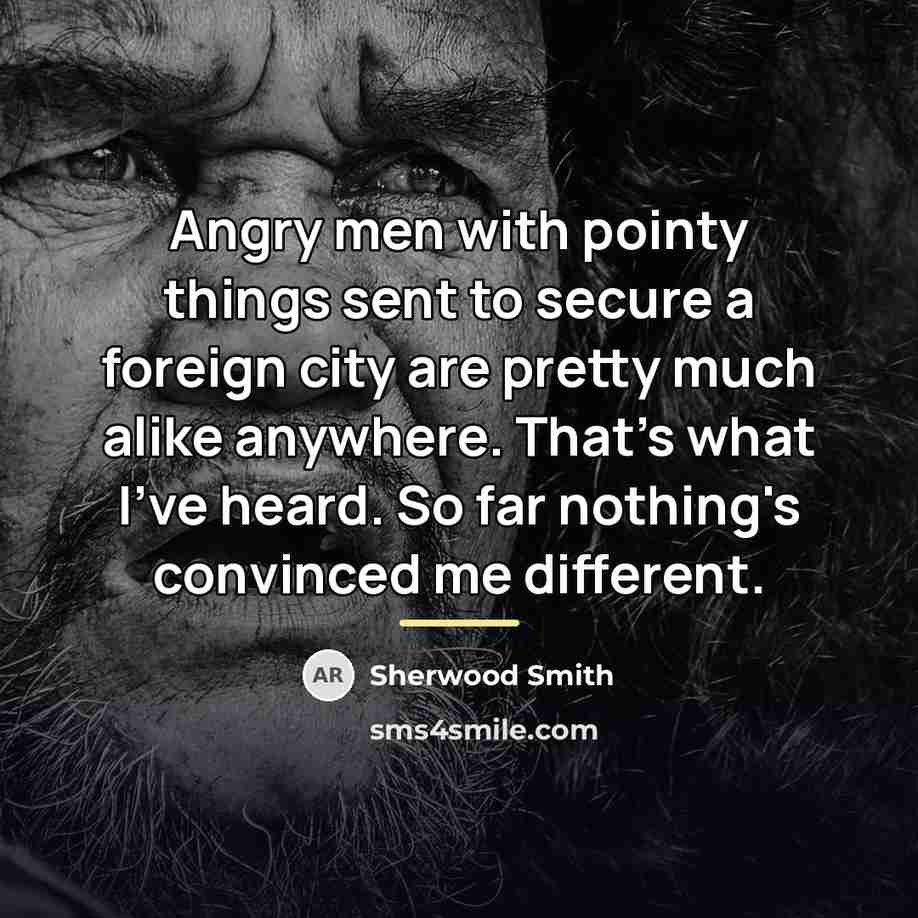 “Angry men with pointy things sent to secure a foreign…” quote by Sherwood Smith