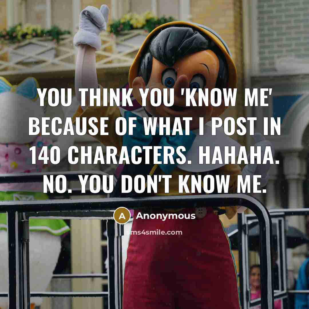 “You think you 'know me' because of what I post in 140 characters. Hahaha. No. You don't know me.” quote by Anonymous