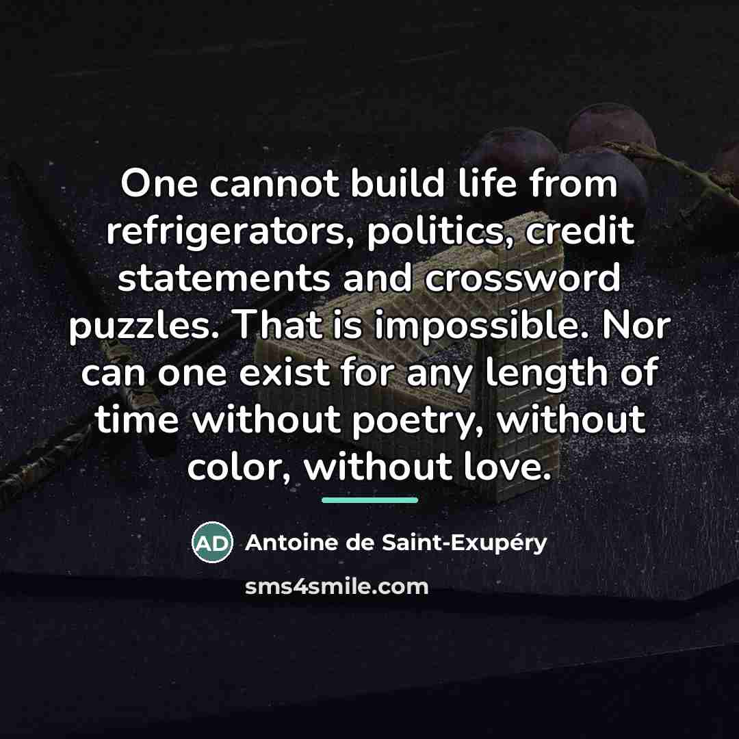 “One cannot build life from refrigerators, politics, credit statements and…” quote by Antoine de Saint-Exupery