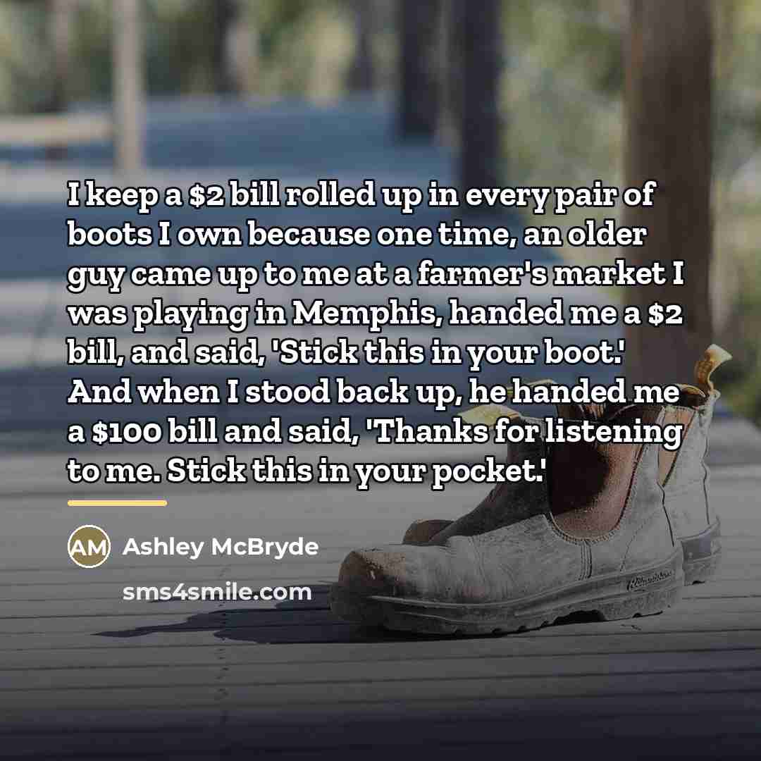 “I keep a $2 bill rolled up in every pair…” quote by Ashley McBryde