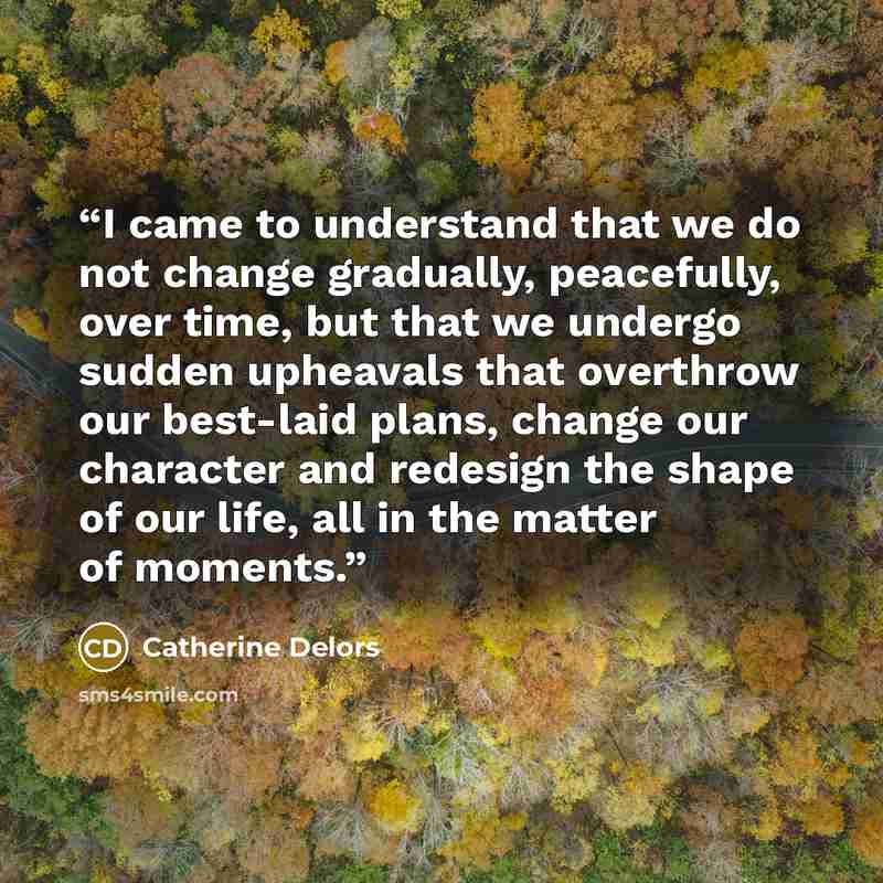 “I came to understand that we do not change gradually, peacefully, over time, but that we undergo sudden upheavals that overthrow our best-laid plans, change our character and redesign the shape of our life, all in the matter of moments.” quote by Catherine Delors