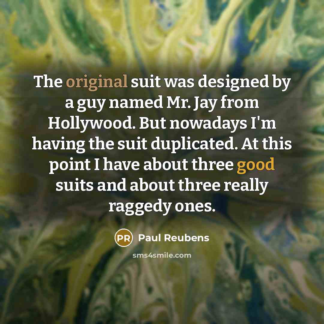 “The original suit was designed by a guy named Mr. Jay from Hollywood. But nowadays I'm having the suit duplicated. At this point I have about three good suits and about three really raggedy ones.” quote by Paul Reubens