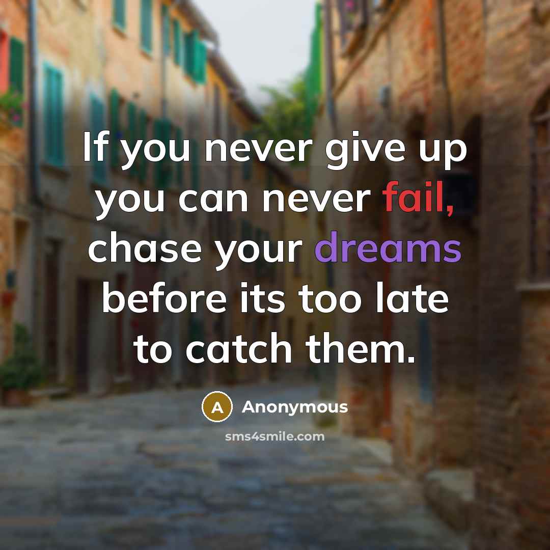 “If you never give up you can never fail, chase your dreams before its too late to catch them.” quote by Anonymous