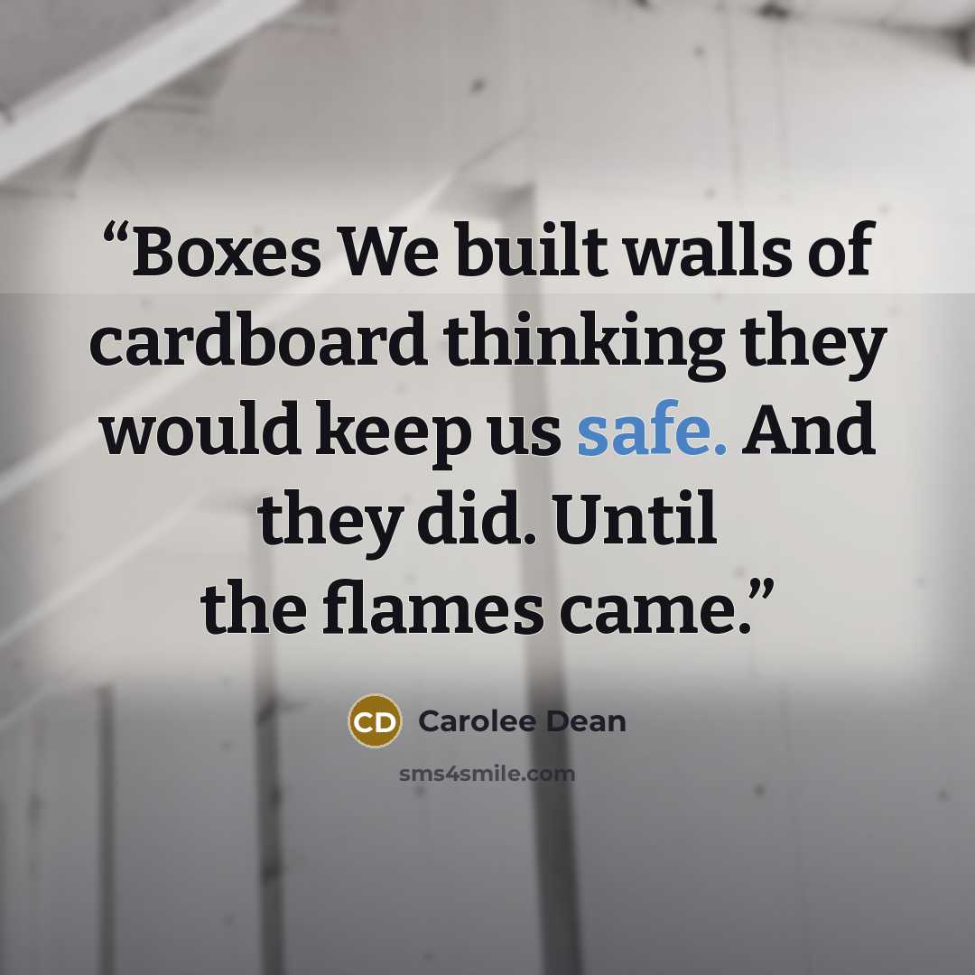 “Boxes We built walls of cardboard thinking they would keep us safe. And they did. Until the flames came.” quote by Carolee Dean