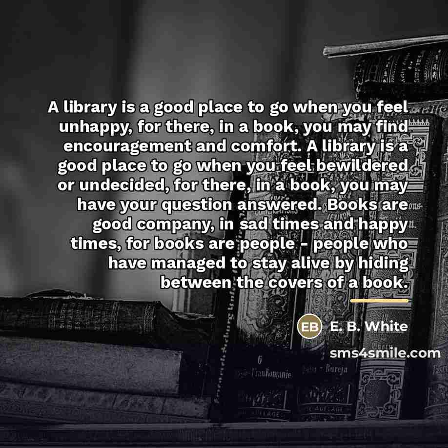 “A library is a good place to go when you…” quote by E. B. White
