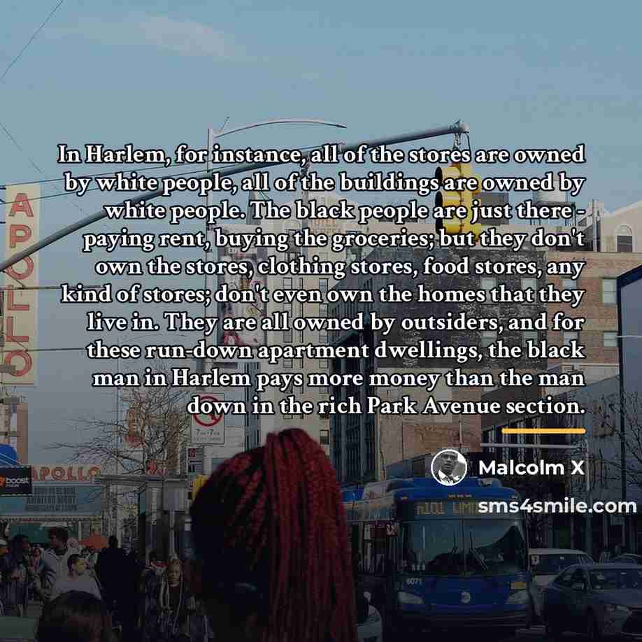 “In Harlem, for instance, all of the stores are owned…” quote by Malcolm X