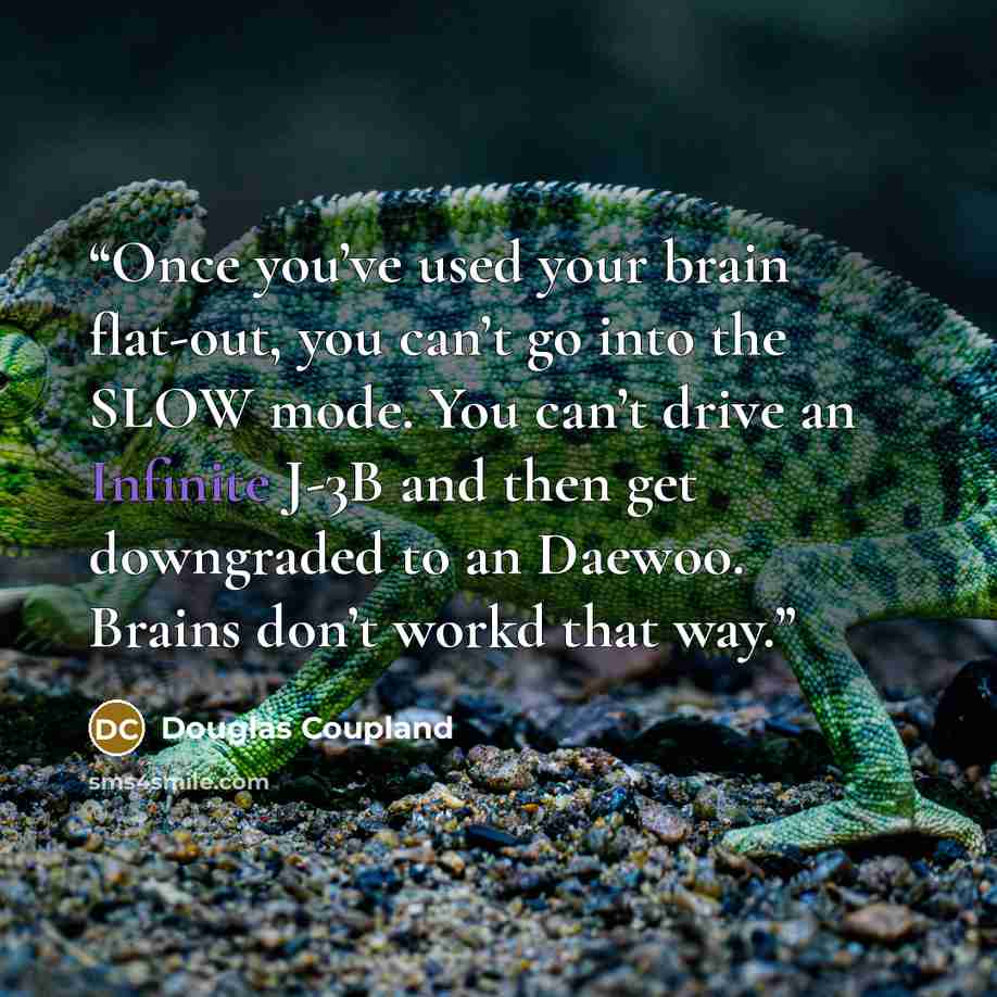 “Once you’ve used your brain flat-out, you can’t go into the SLOW mode. You can’t drive an Infinite J-3B and then get downgraded to an Daewoo. Brains don’t workd that way.” quote by Douglas Coupland