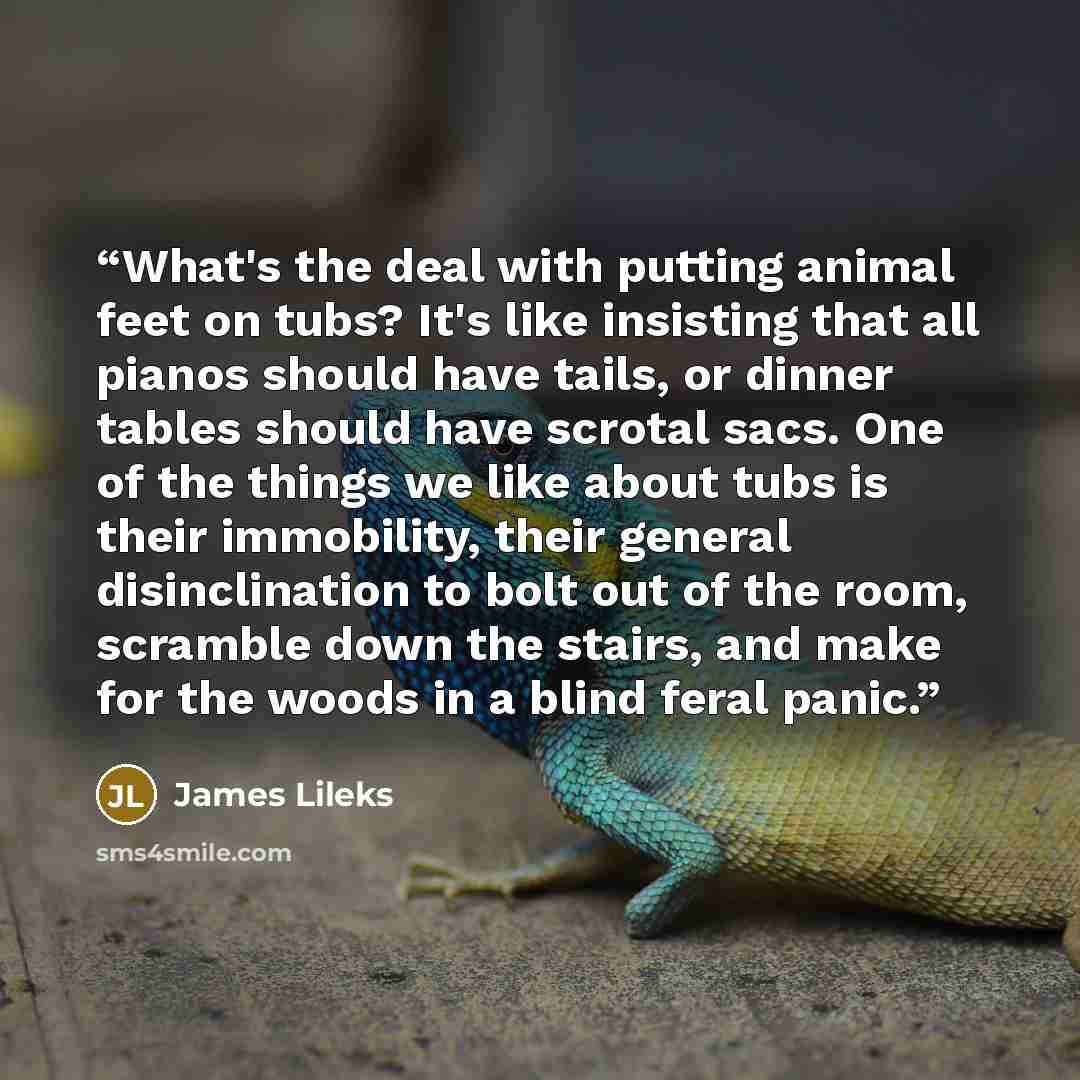 “What's the deal with putting animal feet on tubs? It's like insisting that all pianos should have tails, or dinner tables should have scrotal sacs. One of the things we like about tubs is their immobility, their general disinclination to bolt out of the room, scramble down the stairs, and make for…” quote by James Lileks