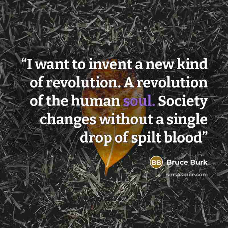 “I want to invent a new kind of revolution. A revolution of the human soul. Society changes without a single drop of spilt blood” quote by Bruce Burk
