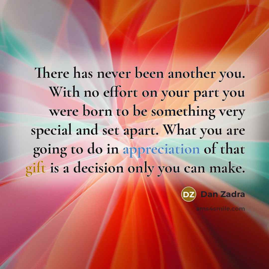 “There has never been another you. With no effort on your part you were born to be something very special and set apart. What you are going to do in appreciation of that gift is a decision only you can make.” quote by Dan Zadra
