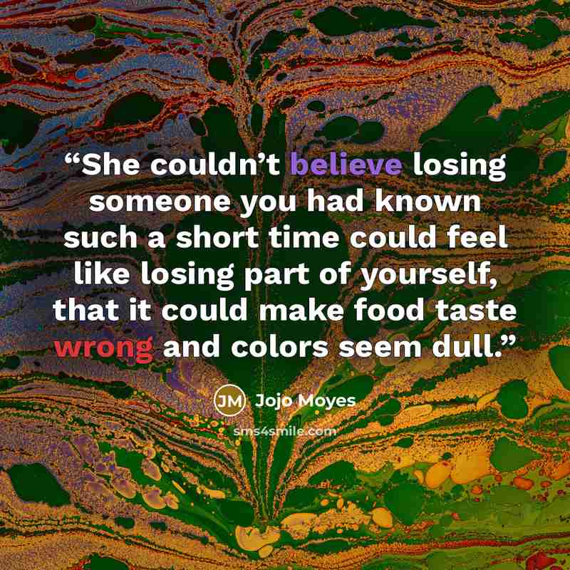 “She couldn’t believe losing someone you had known such a short time could feel like losing part of yourself, that it could make food taste wrong and colors seem dull.” quote by Jojo Moyes