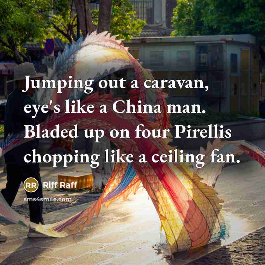 “Jumping out a caravan, eye's like a China man. Bladed up on four Pirellis chopping like a ceiling fan.” quote by Riff Raff